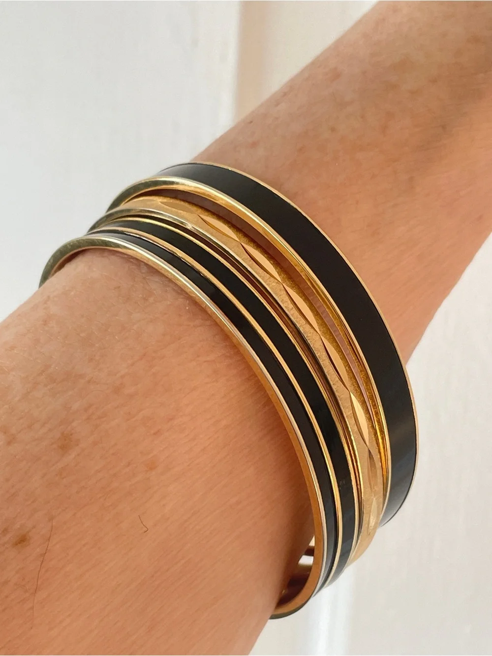 Vintage Monet Bangle Bracelets Set of 3 Gold Plate and Black Enamel Size 7.75